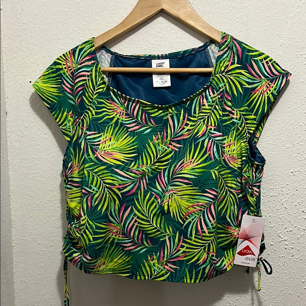 Lands’ End Tropical Fern Print Ruched Crop Swim Top Sz 16W